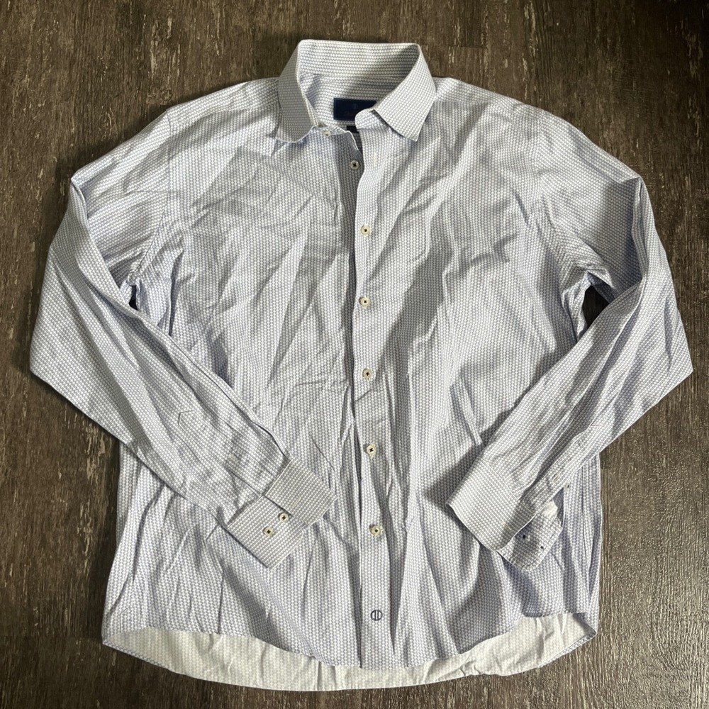 David Donahue Trim Fit Dress Shirt Men's Long Sleeve Blue Geometric Pattern